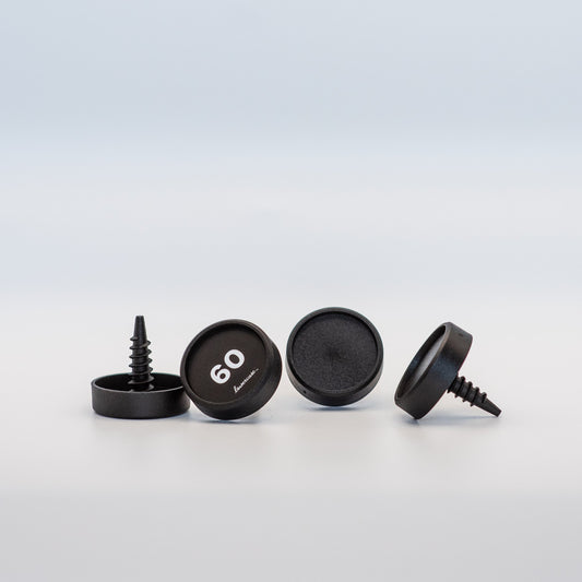Set of black screw-on identifiers with a brand logo on a light gray background